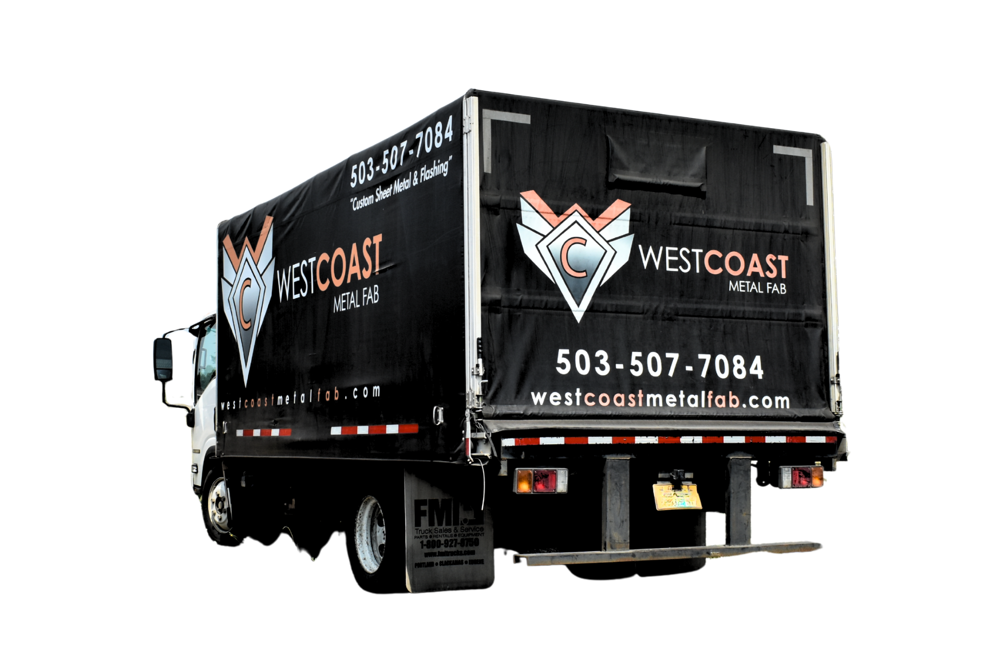 west coast metal fab delivery truck facing away so you can read the wrap with branding on it